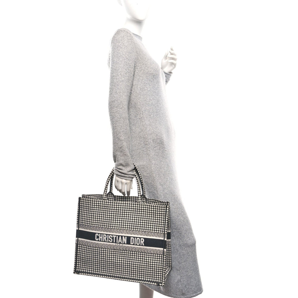 Christian Dior Canvas Houndstooth Embroidered Book Tote Black White
