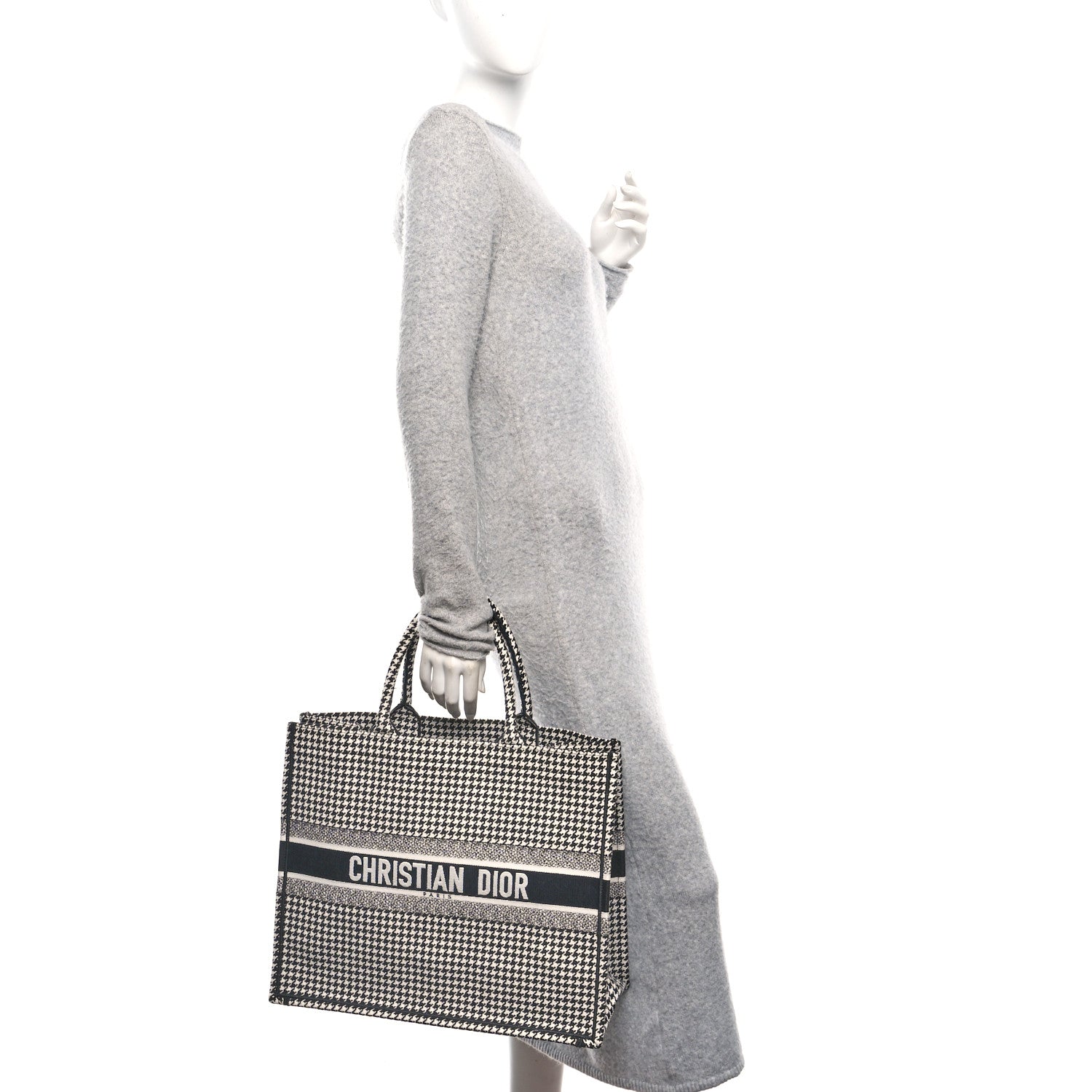 Christian Dior Canvas Houndstooth Embroidered Book Tote Black White