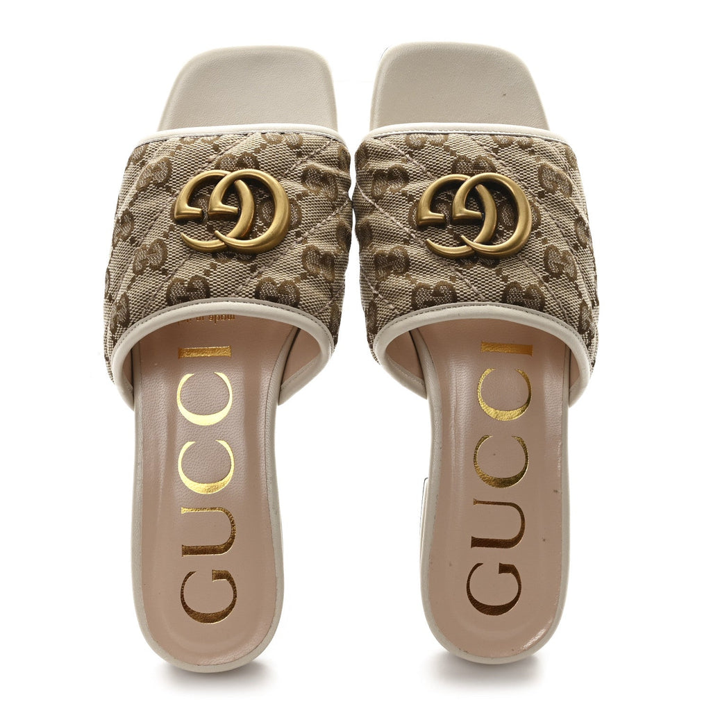 Gucci Monogram Matelasse Diagonal GG Marmont Flat Slide Sandals  35 Beige Ebony Mystic White