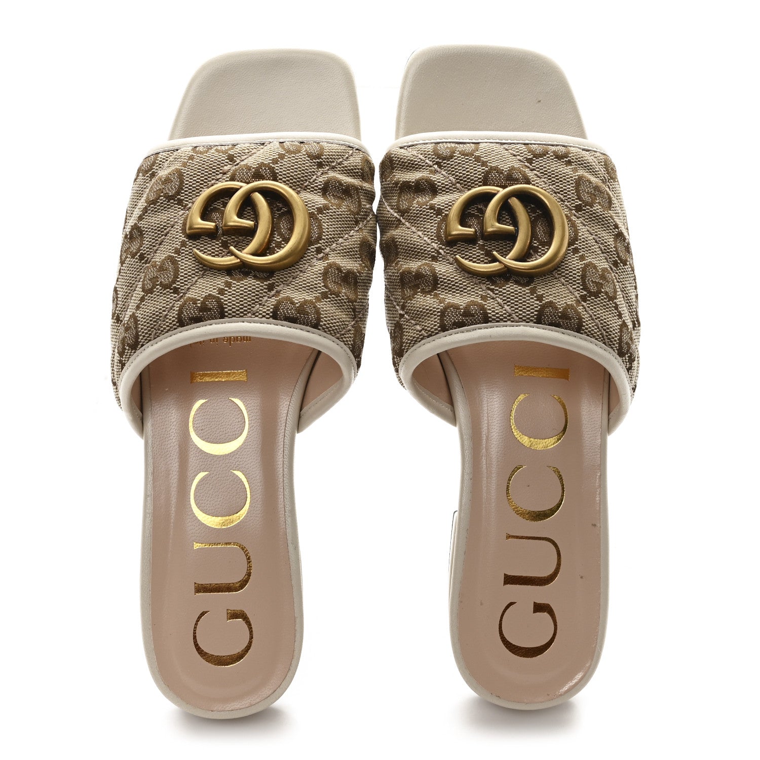 Gucci Monogram Matelasse Diagonal GG Marmont Flat Slide Sandals  35 Beige Ebony Mystic White