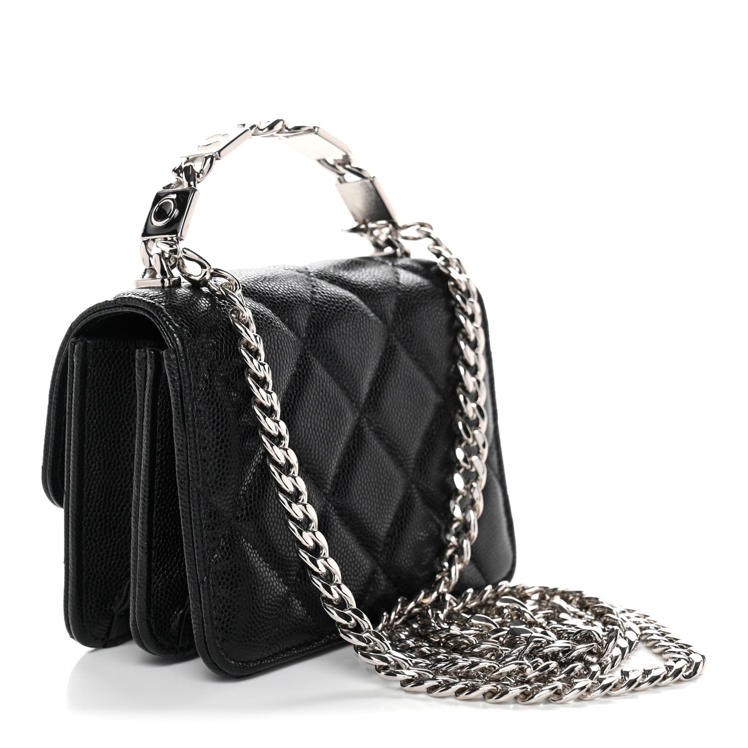 Chanel Caviar Quilted Enamel Top Handle Flap Clutch With Chain Black