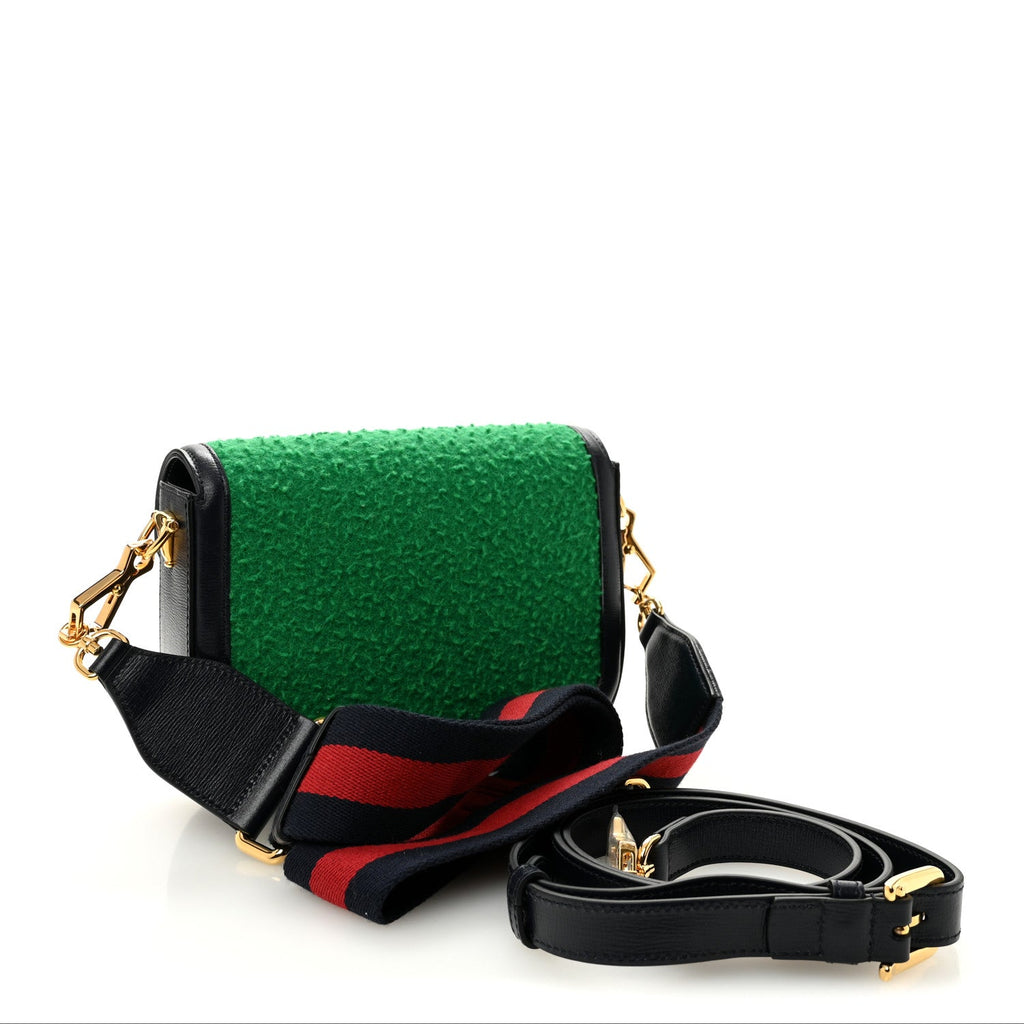 Gucci Casy Wool Azalea Calfskin Mini Horsebit 1955 Shoulder Bag Deep Emerald Blue