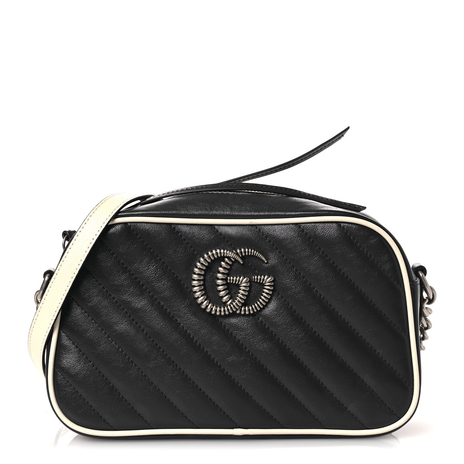 Gucci Vintage Effect Calfskin Matelasse Diagonal Small Torchon GG Marmont Chain Shoulder Bag Blue Agata Mystic White