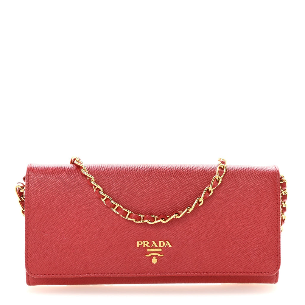 Prada Saffiano Metal Oro Chain Wallet Fuoco