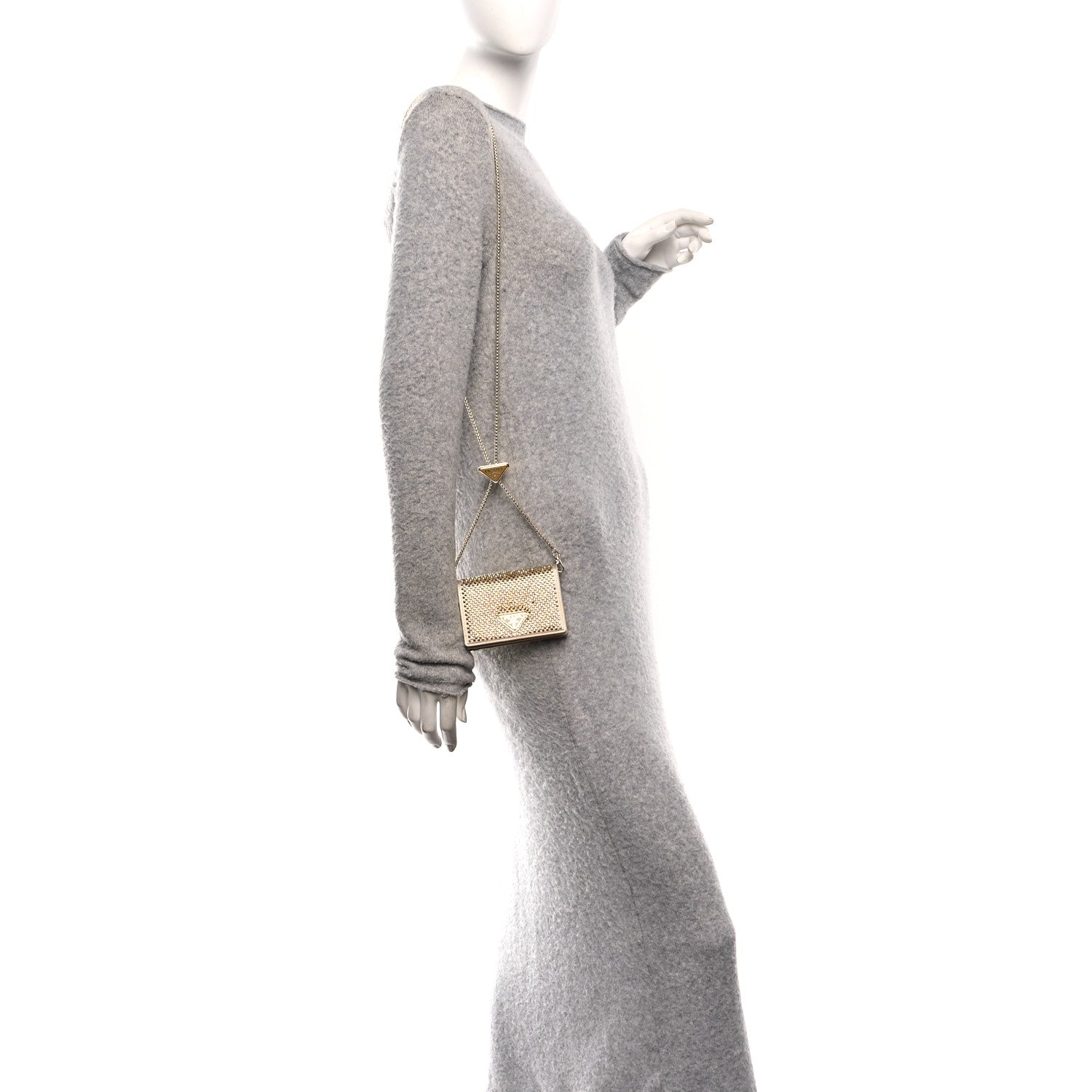 Prada Satin Crystal Metal Triangle Logo Card Holder With Strap Platino