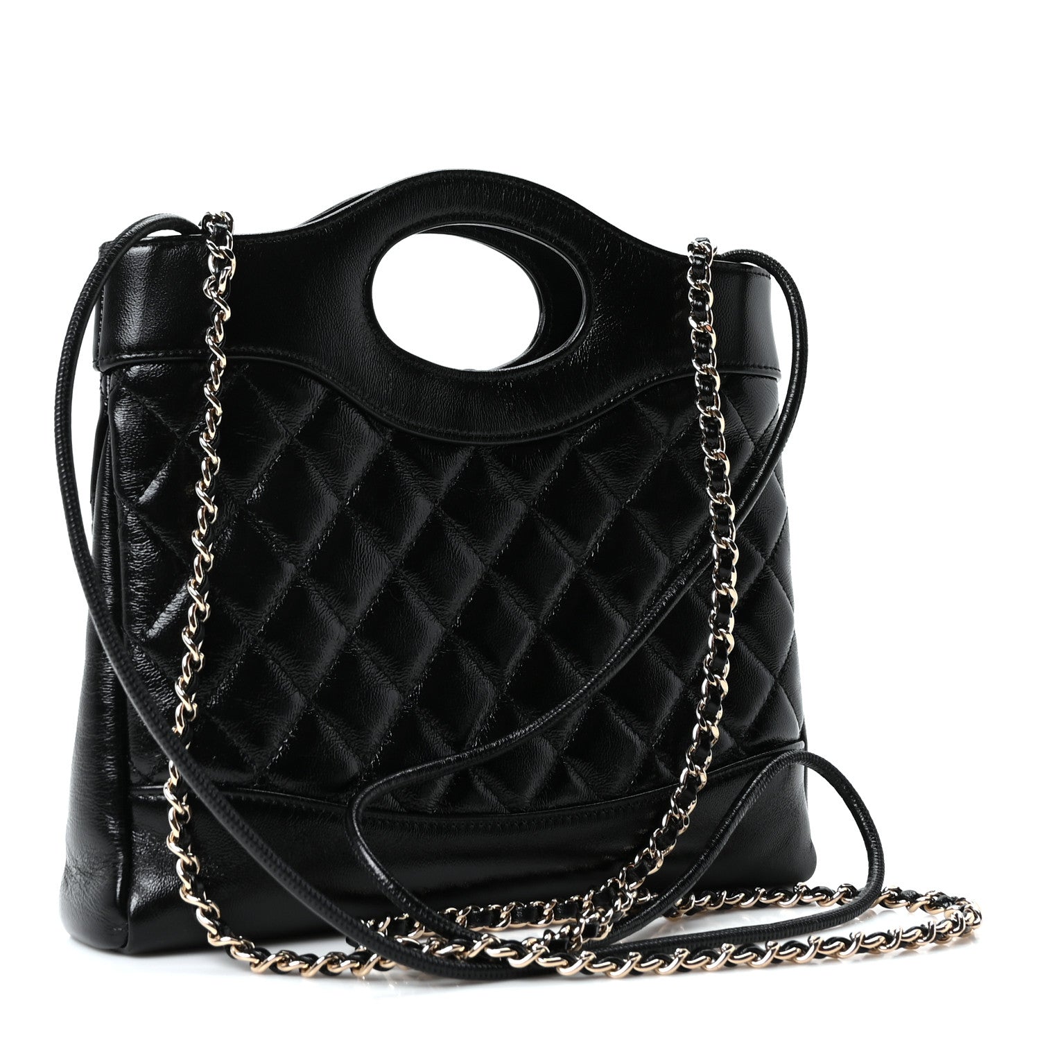 Chanel Shiny Crumpled Calfskin Quilted Mini 31 Shopping Bag Black