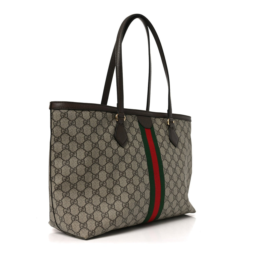 Gucci GG Supreme Monogram Textured Calfskin Web Medium Ophidia Shopping Tote Beige Ebony New Acero