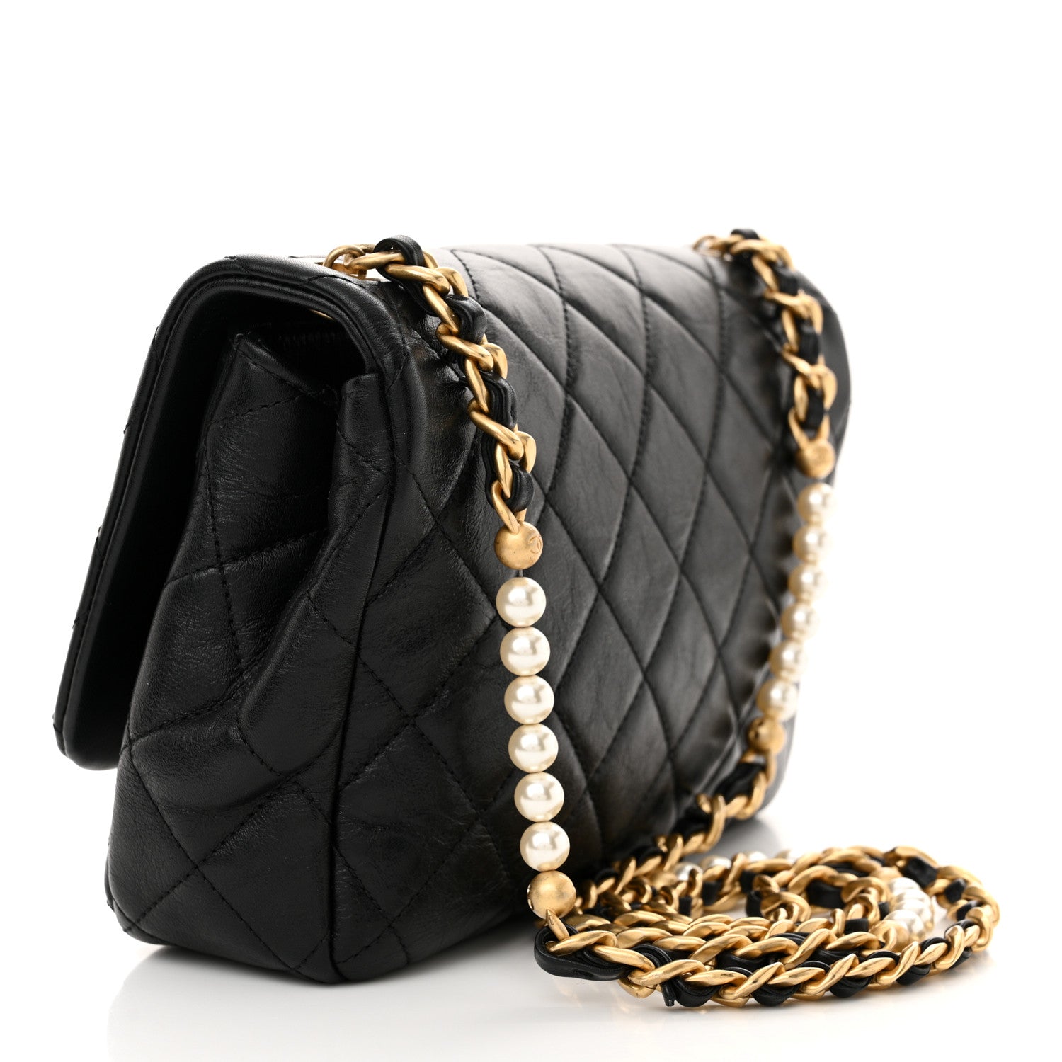 Chanel Glazed Calfskin Quilted Pearl Side Flap Black