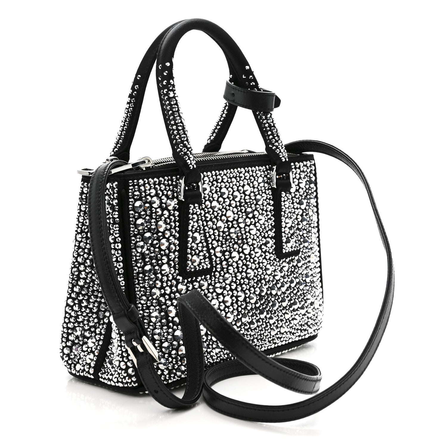 Prada Satin Crystal Mini Galleria Double Zip Tote Metal
