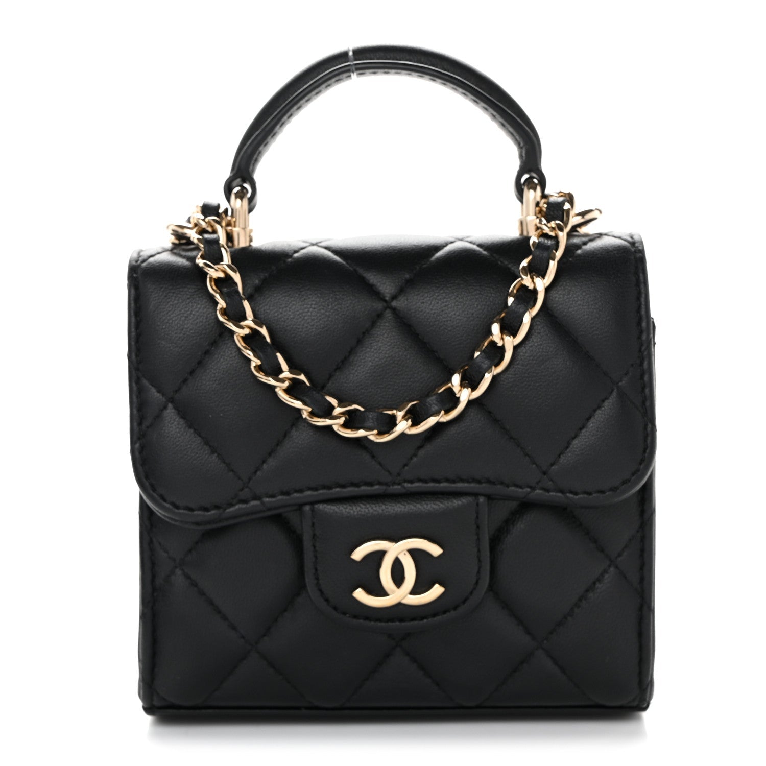 Chanel Lambskin Quilted Top Handle Flap Clutch With Chain Black