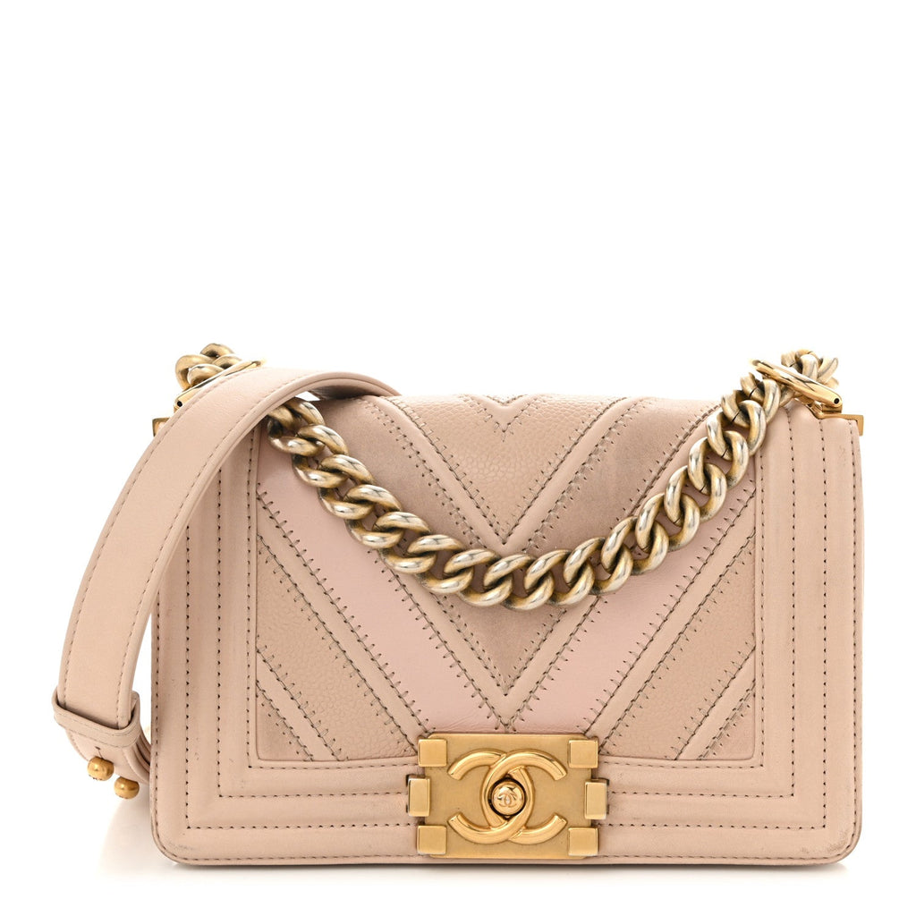 Chanel Caviar Suede Calfskin Chevron Quilted Small Boy Flap Light Pink