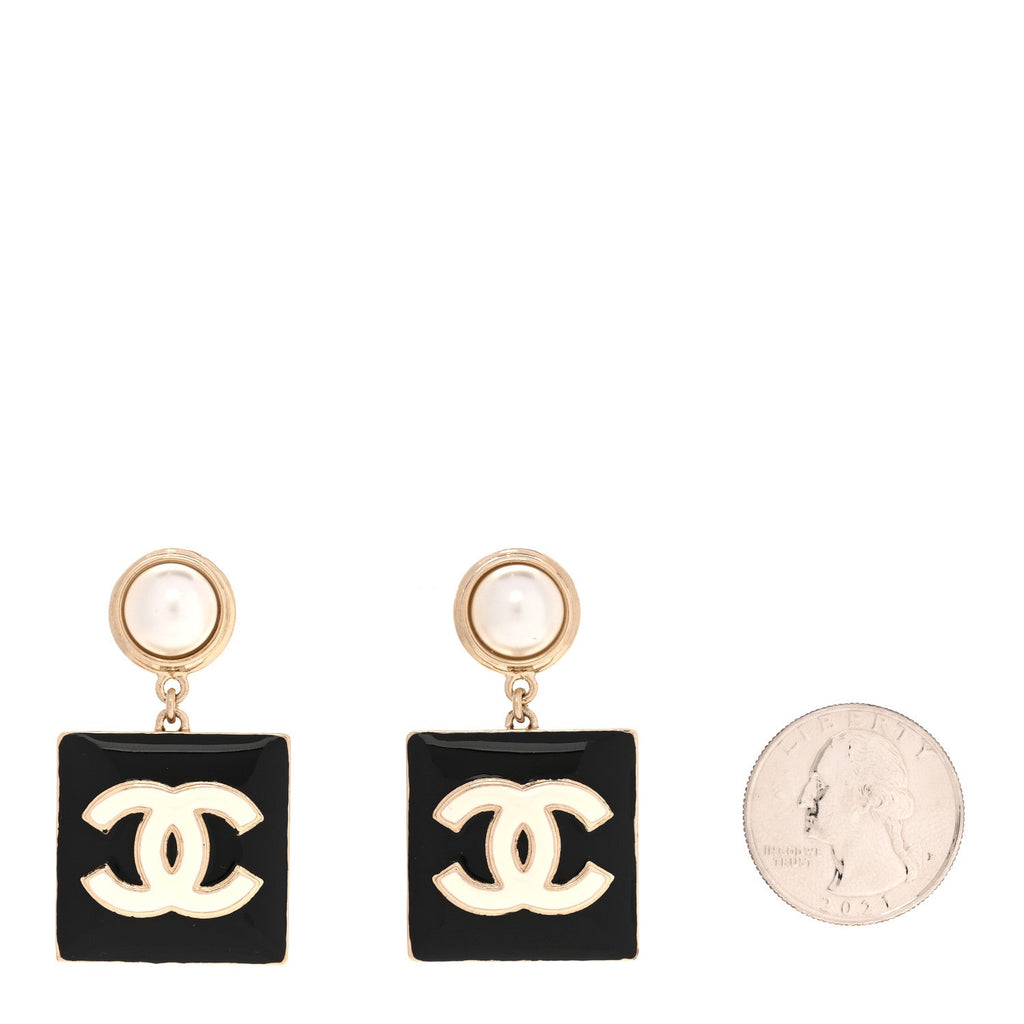 Metal Enamel Pearl Square CC Drop Earrings Gold Black White