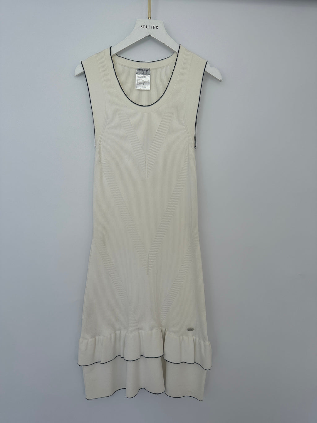 Chanel 08P Cream Sleeveless Knitted Short Dress with Silver CC Logo Button and Navy Hem Details Size FR 36 (UK 8)