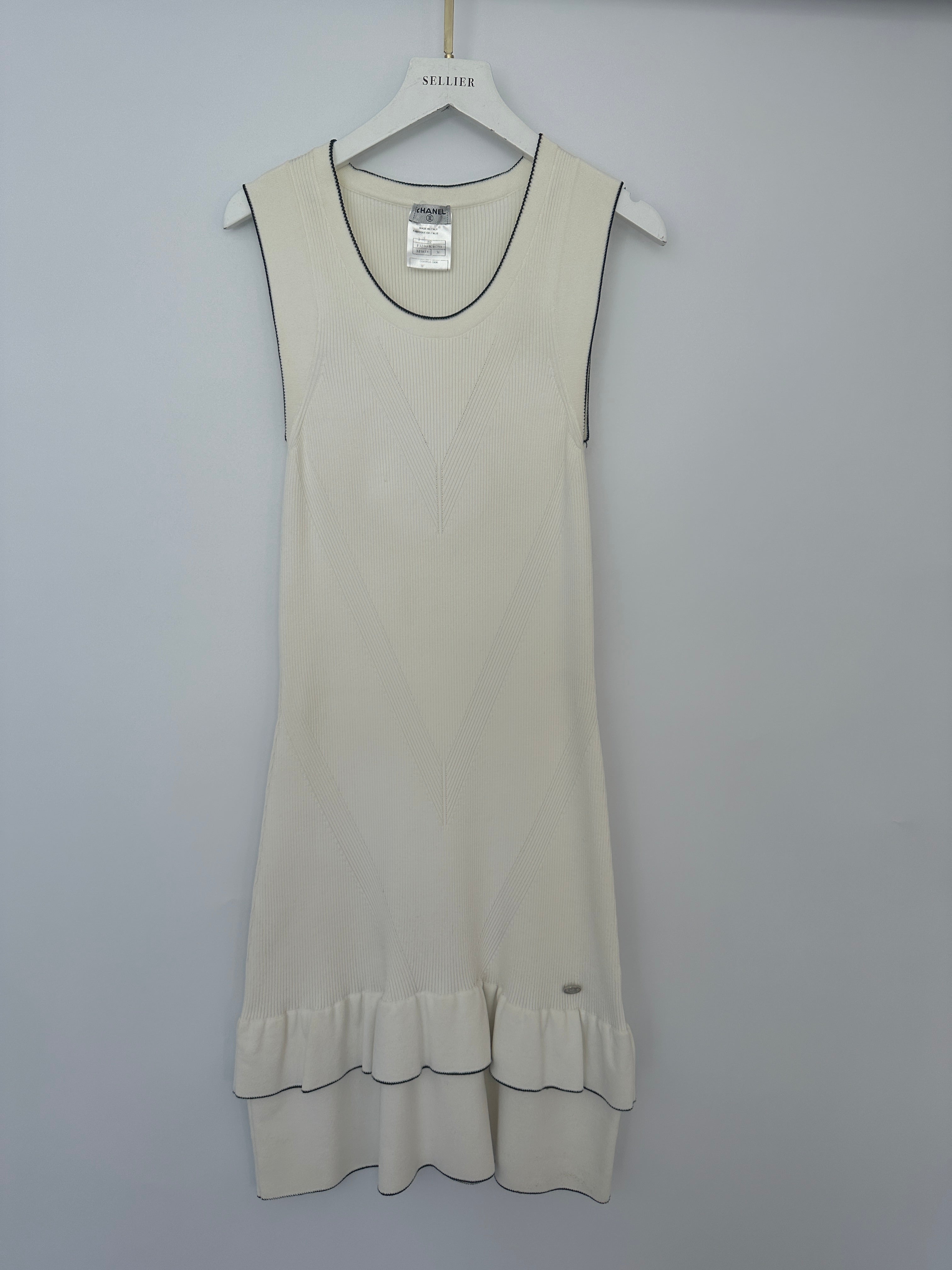 Chanel 08P Cream Sleeveless Knitted Short Dress with Silver CC Logo Button and Navy Hem Details Size FR 36 (UK 8)