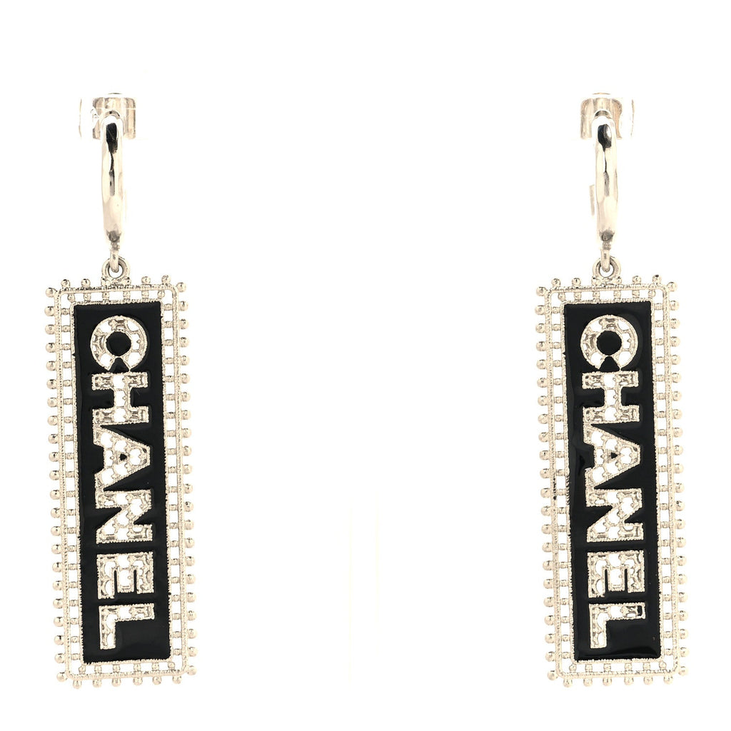 Metal Enamel Logo Drop Earrings Silver Black