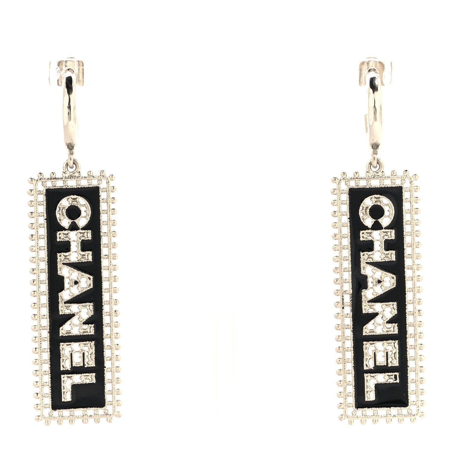 Metal Enamel Logo Drop Earrings Silver Black