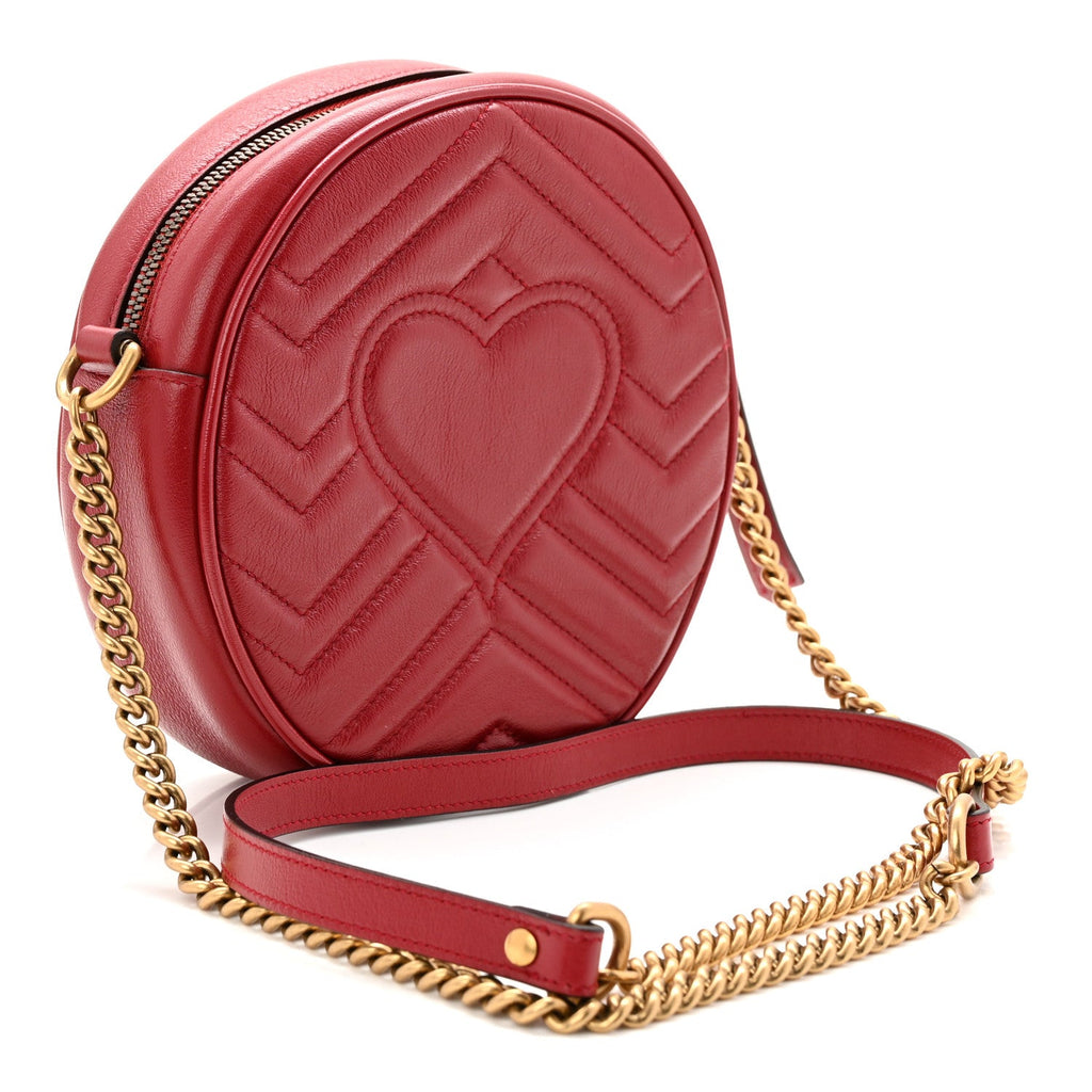 Gucci Glazed Calfskin Matelasse Heart Mini GG Marmont Round Shoulder Bag Romantic Cerise