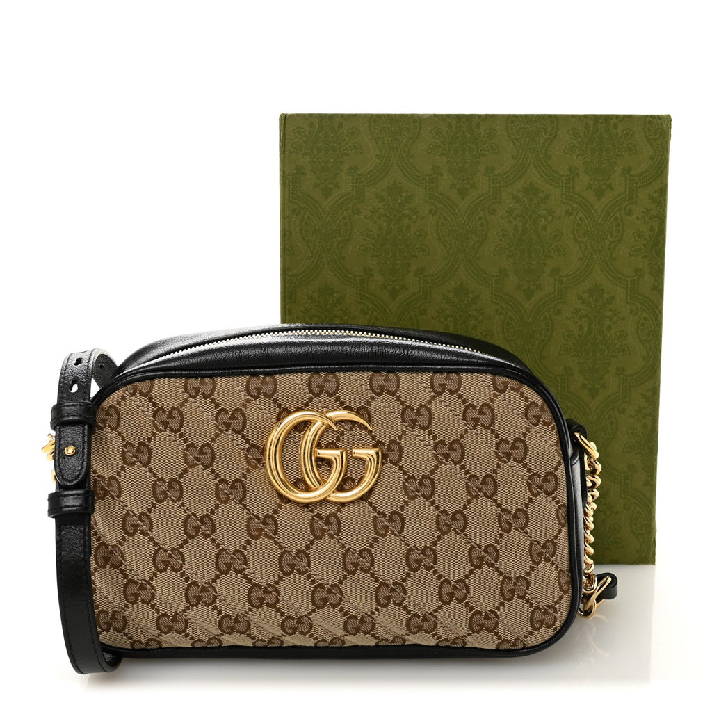 Gucci Monogram Matelasse Diagonal Small GG Marmont Chain Shoulder Bag Beige Black