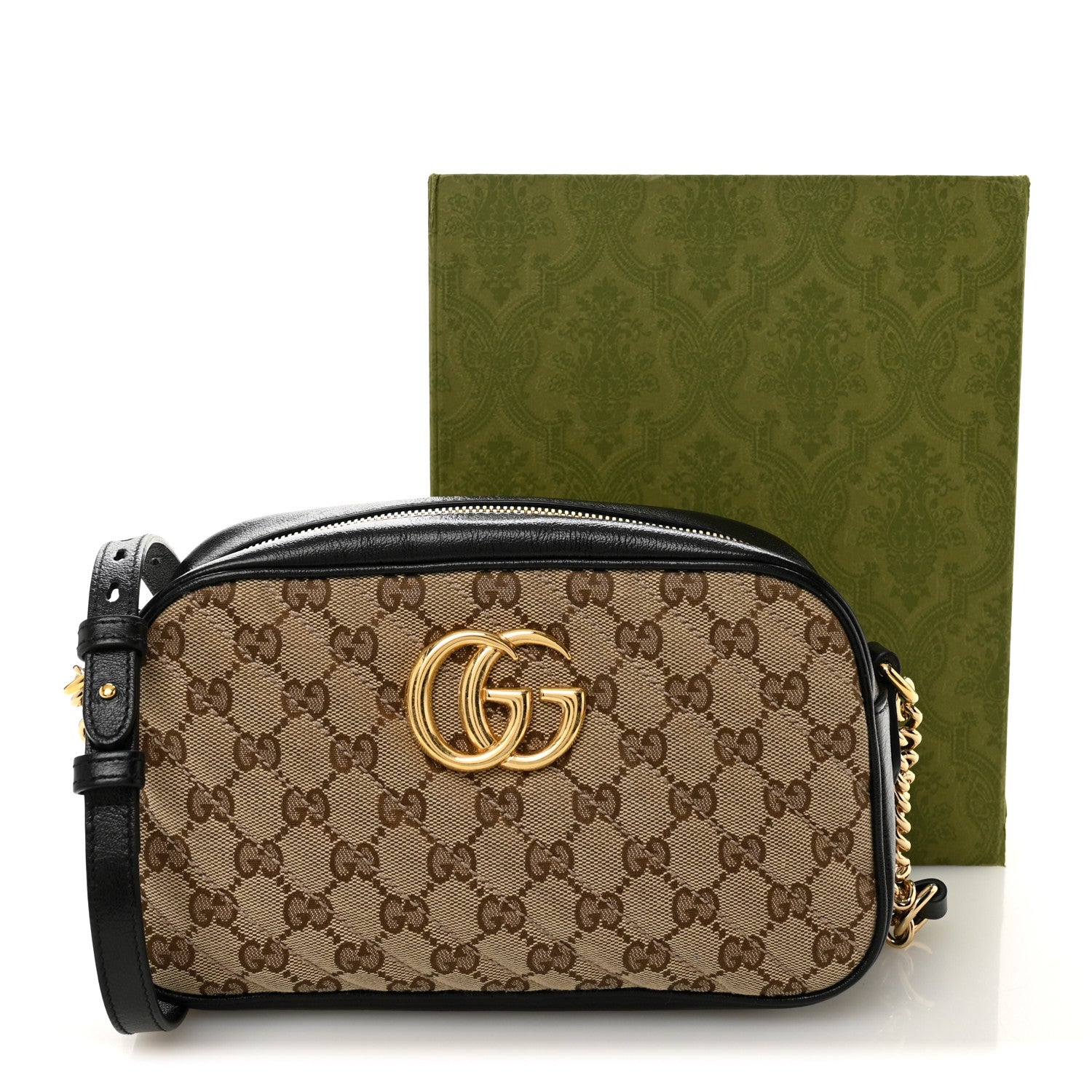 Gucci Monogram Matelasse Diagonal Small GG Marmont Chain Shoulder Bag Beige Black
