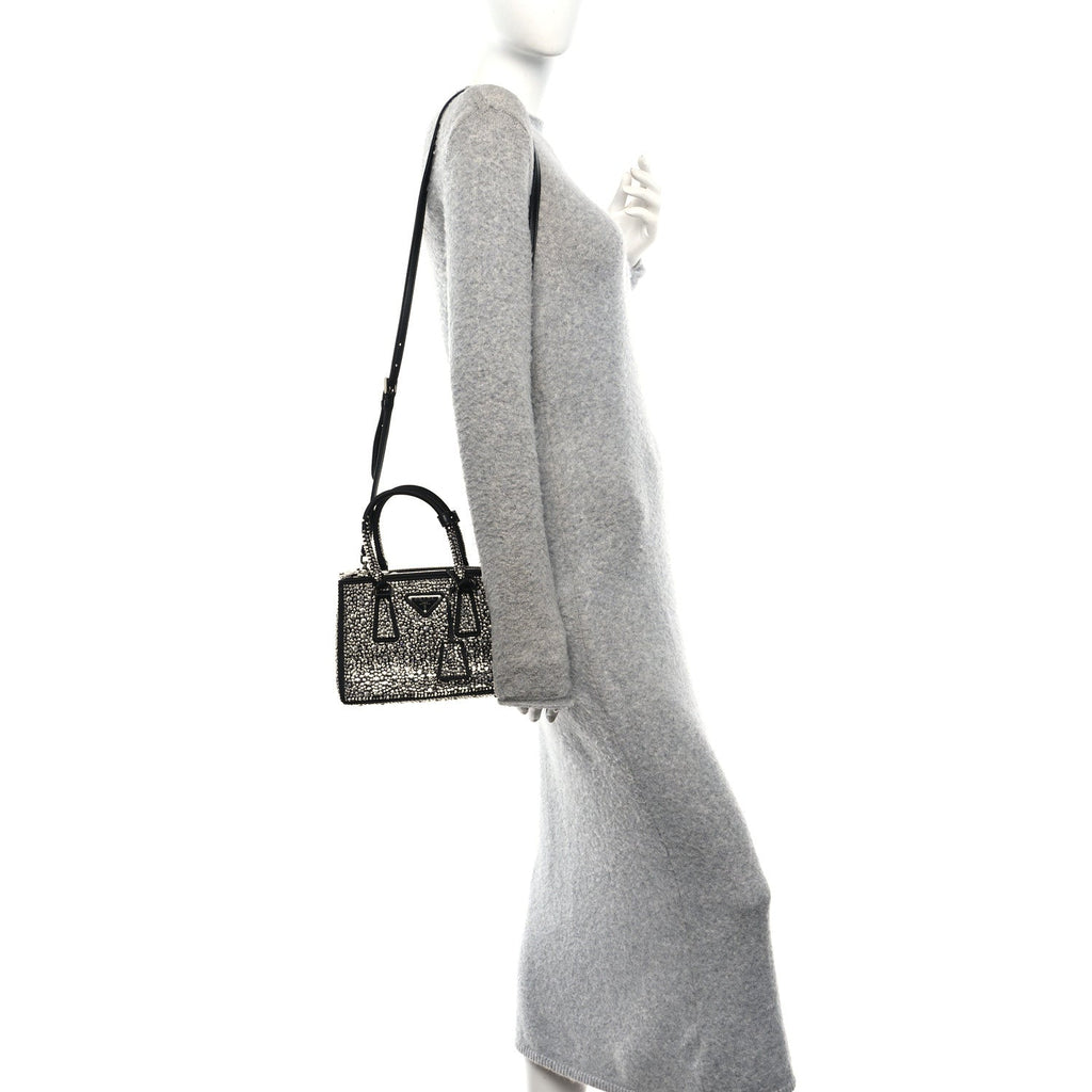 Prada Satin Crystal Mini Galleria Double Zip Tote Metal