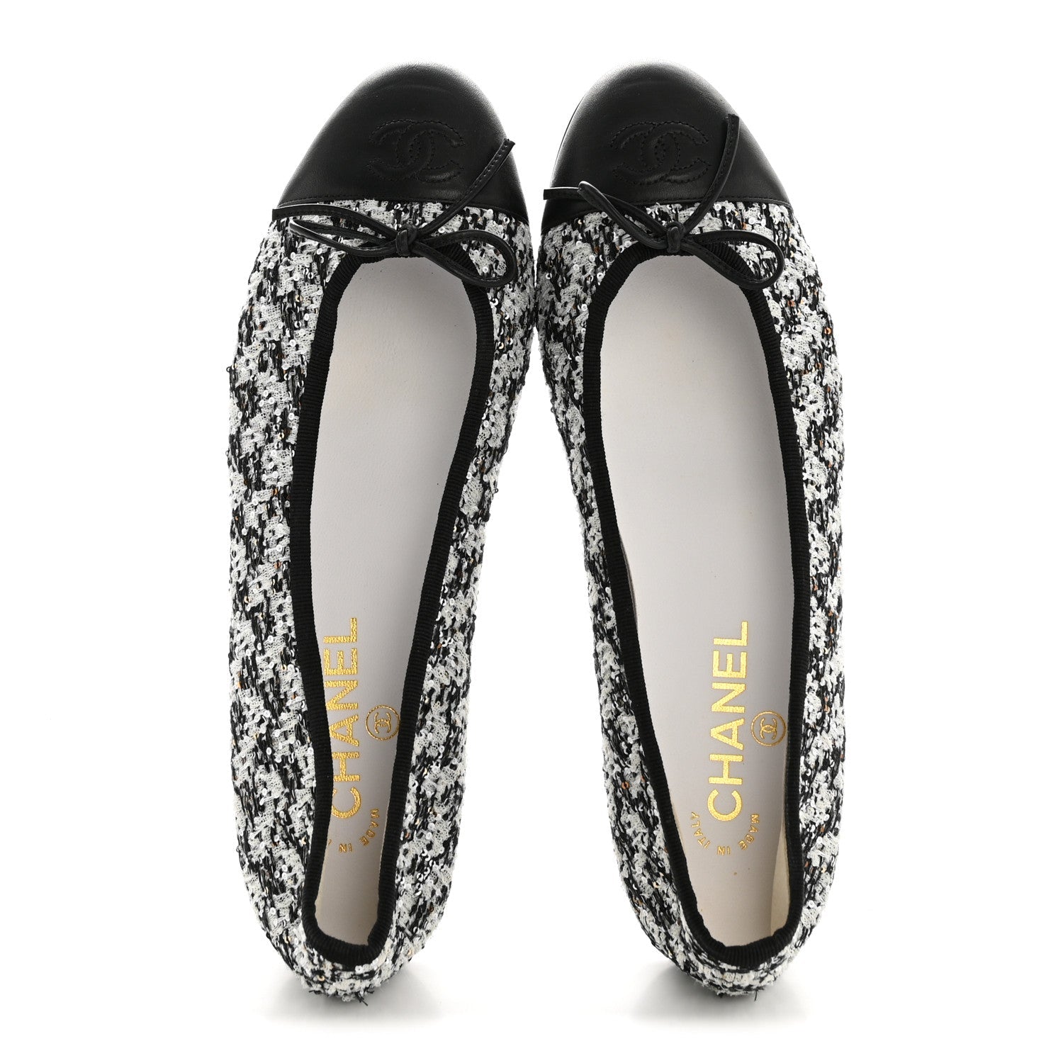 Chanel Tweed Sequin Lambskin Cap Toe Ballerina Flats 39 Black