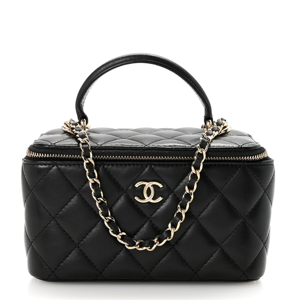 Chanel Lambskin Quilted Small Top Handle Vanity Case With Chain Black