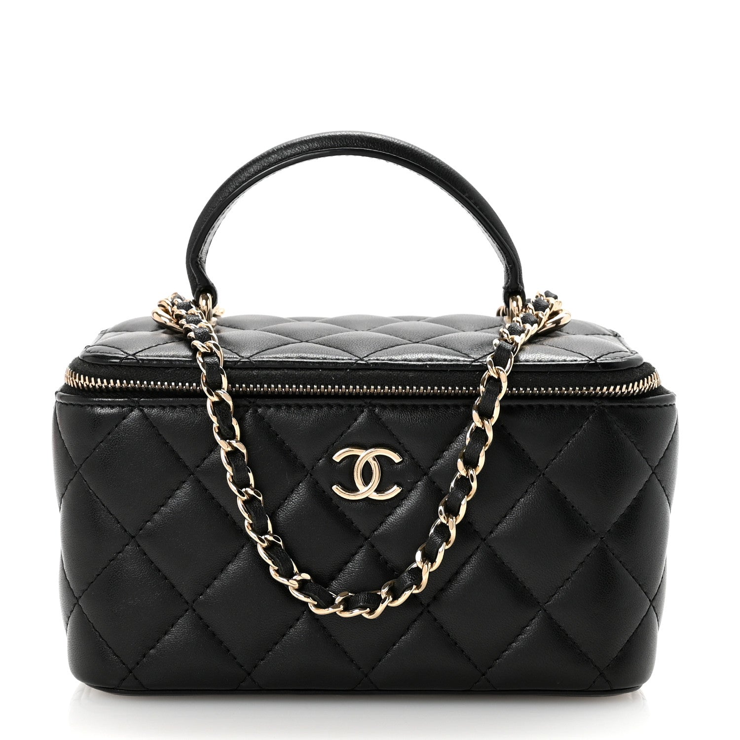 Chanel Lambskin Quilted Small Top Handle Vanity Case With Chain Black