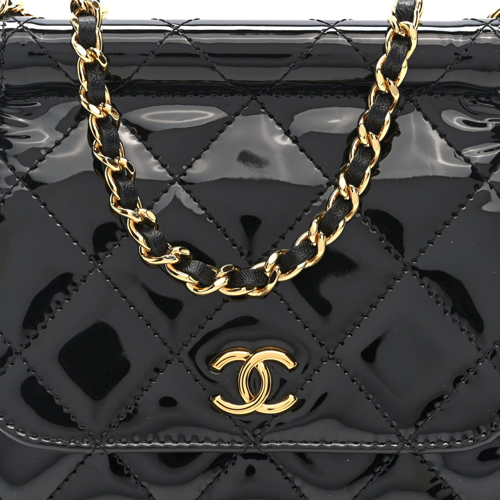 Chanel Patent Quilted Frame Clutch Flap With Chain Black