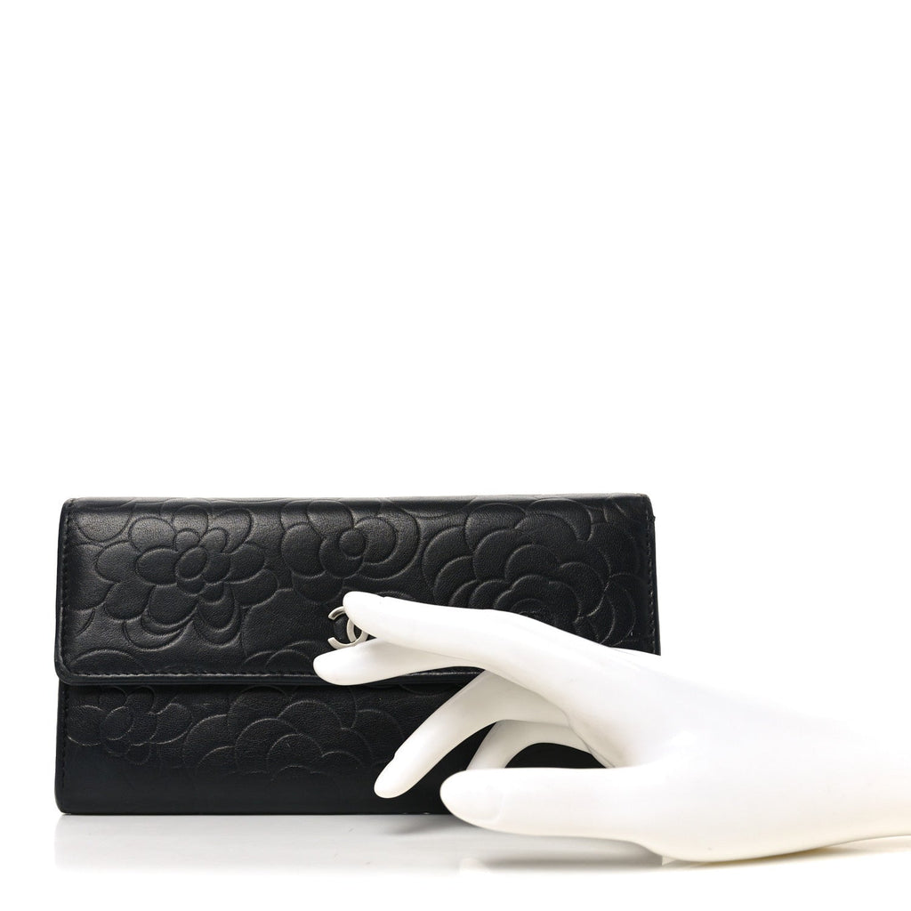 Chanel Lambskin Embossed Camellia Large Gusset Flap Wallet Black