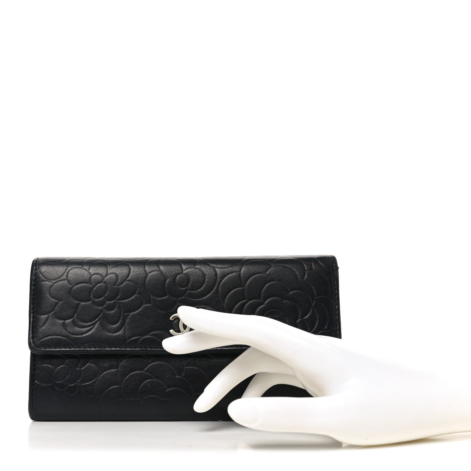 Chanel Lambskin Embossed Camellia Large Gusset Flap Wallet Black