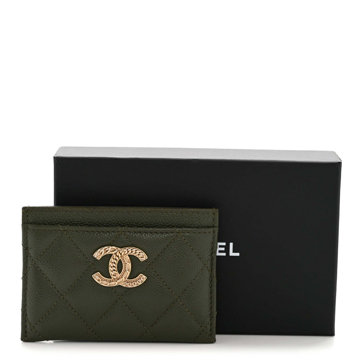 Caviar Quilted Multi Chain Card Holder Khaki