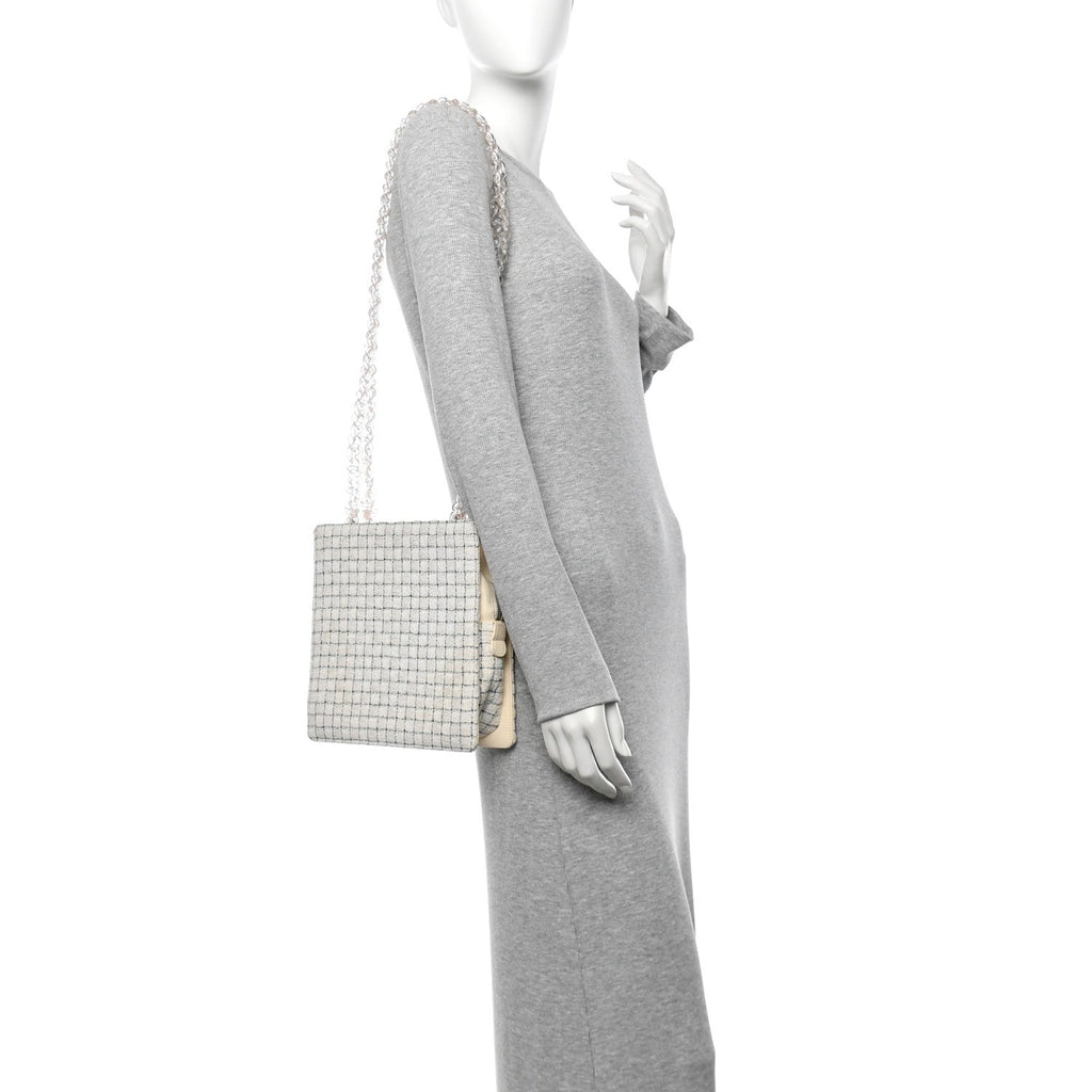 Chanel Tweed Resin Small Zipped Shopping Bag White Black