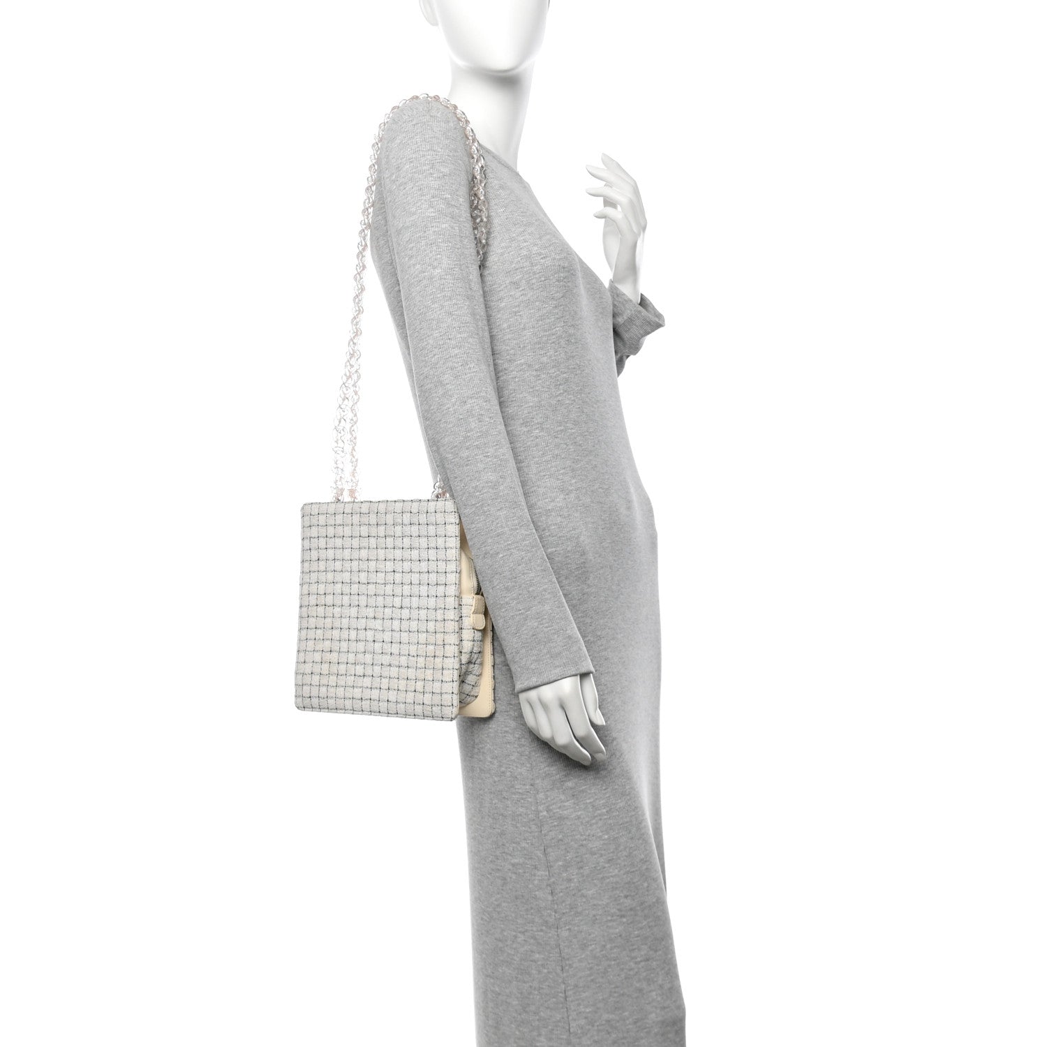 Chanel Tweed Resin Small Zipped Shopping Bag White Black