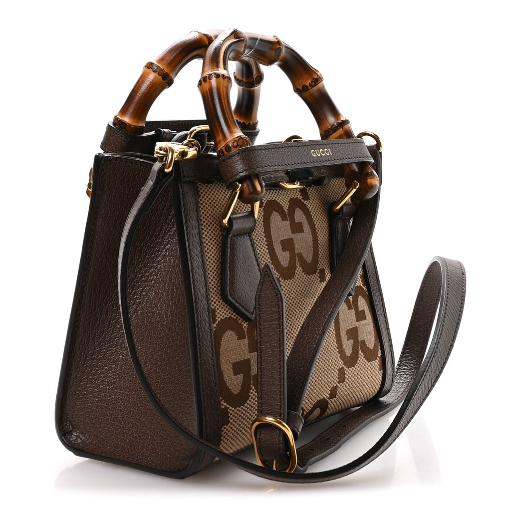 Gucci Monogram Jumbo GG Textured Dollar Calfskin Mini Diana Tote Bag Camel Ebony New Acero