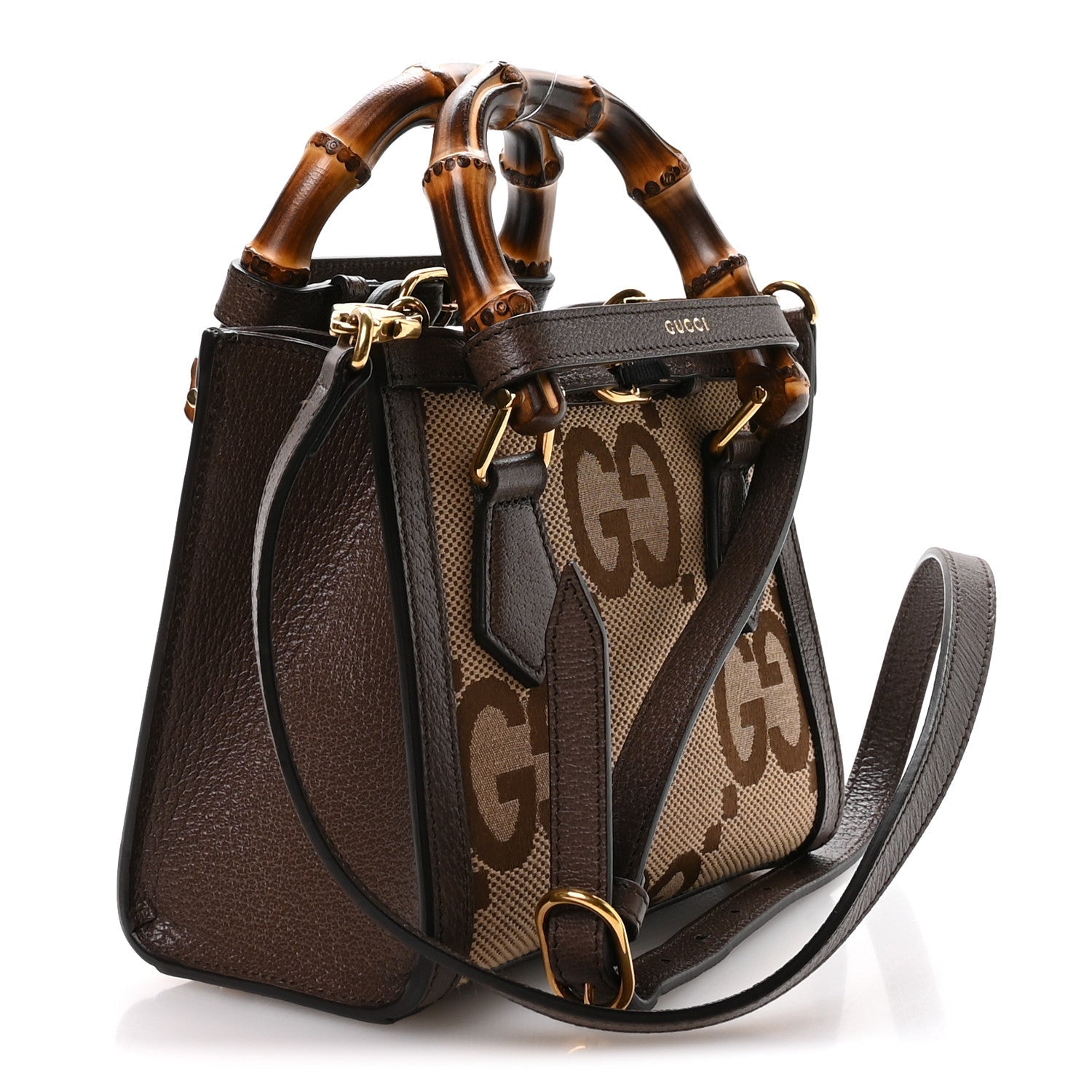 Gucci Monogram Jumbo GG Textured Dollar Calfskin Mini Diana Tote Bag Camel Ebony New Acero