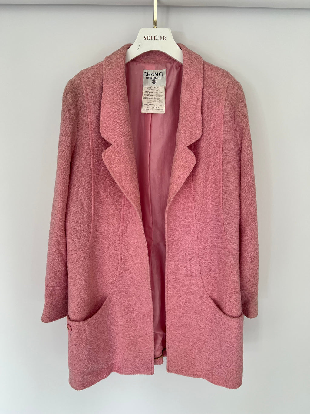 Chanel 94/P Pink Longline Tweed Jacket with Gold CC Logo Button Details, Size FR 40 (UK 12)