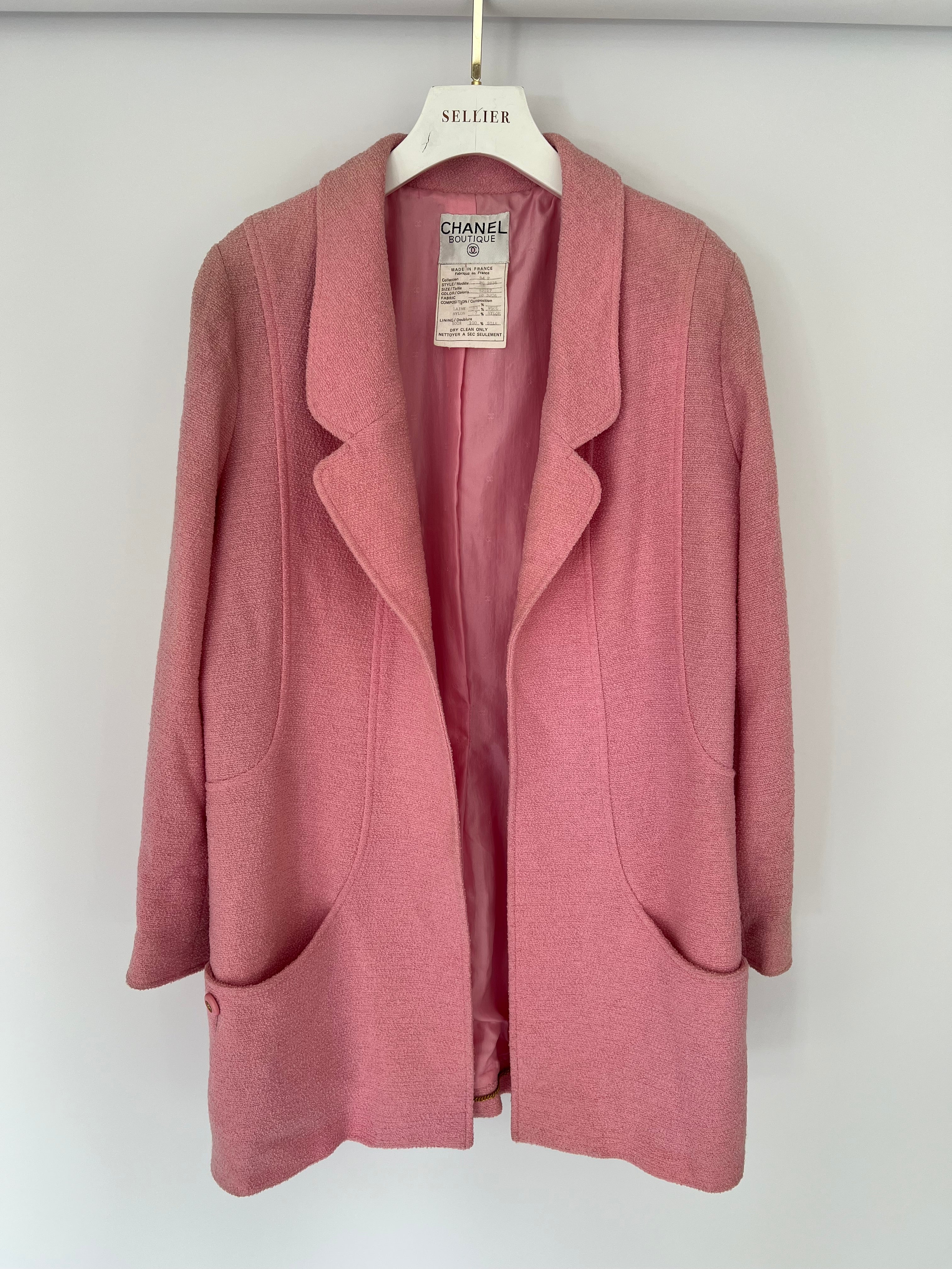 Chanel 94/P Pink Longline Tweed Jacket with Gold CC Logo Button Details, Size FR 40 (UK 12)