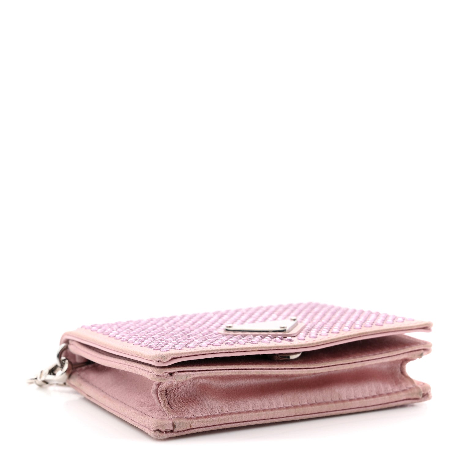 Prada Satin Crystal Metal Triangle Logo Card Holder With Strap Alabastro