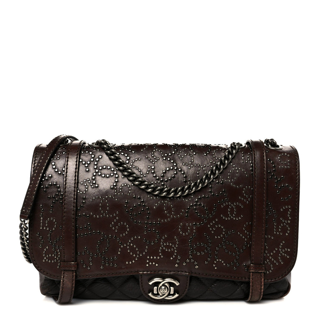 Chanel Calfskin Lambskin Studded Paris Dallas Texan Flap Brown Black
