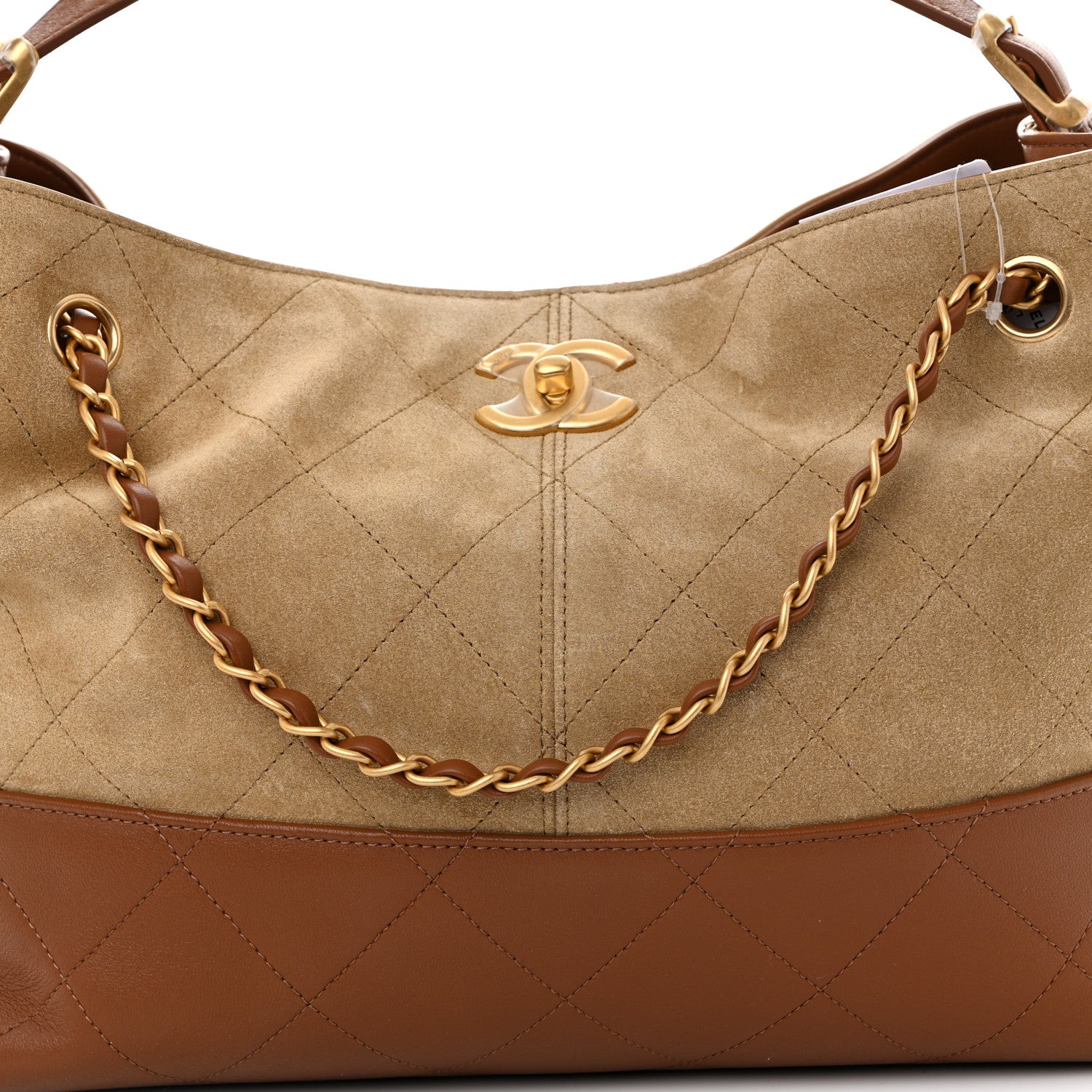 Chanel Suede Calfskin Shiny Lambskin Quilted Small Coco Base Shopping Bag Beige Camel