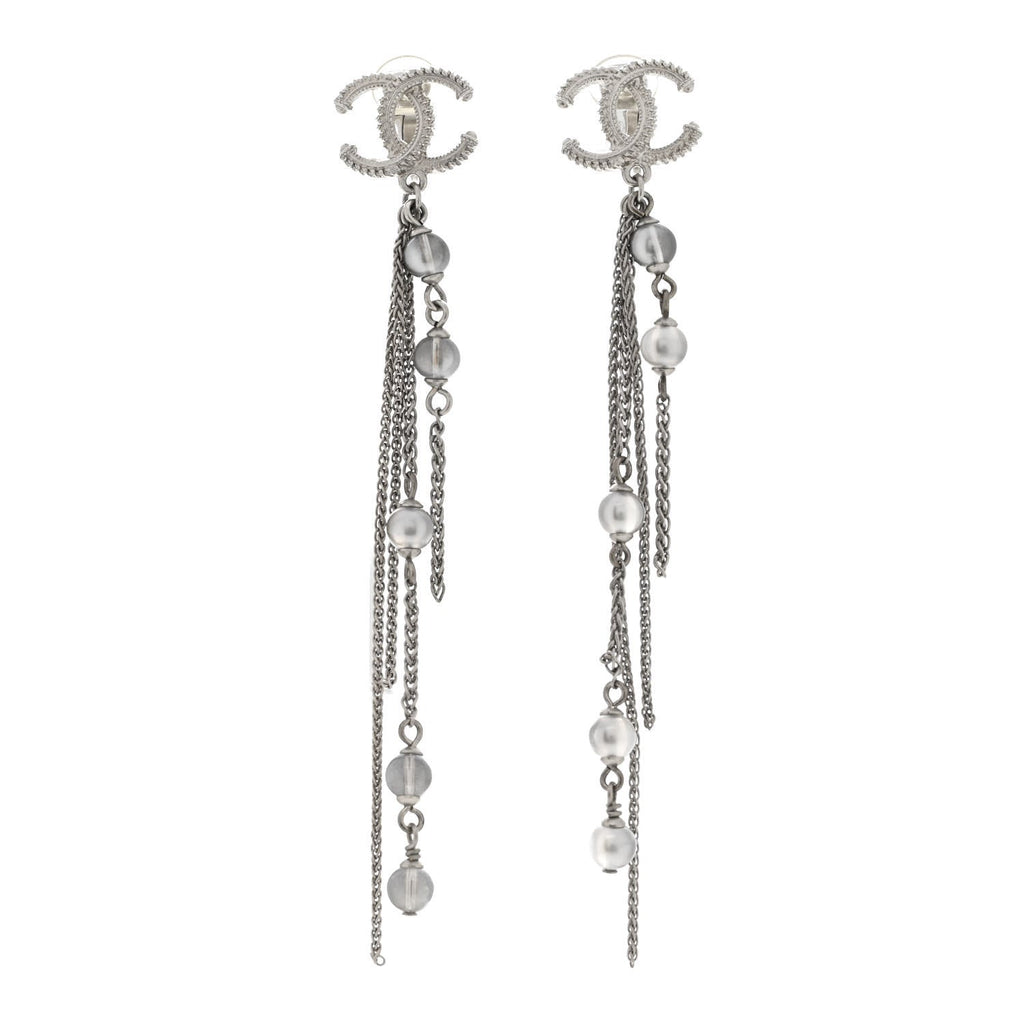 Metal Chain Pearl CC Drop Clip On Earrings Silver
