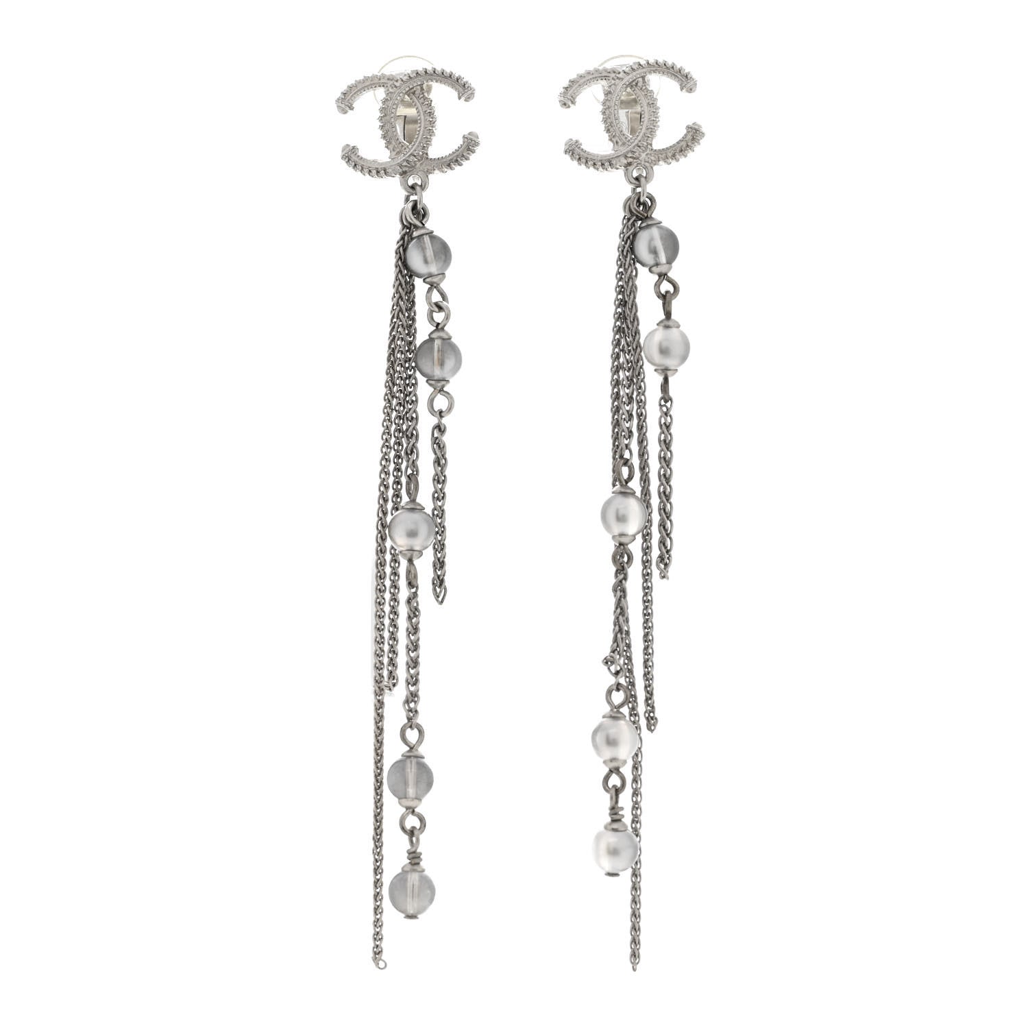 Metal Chain Pearl CC Drop Clip On Earrings Silver