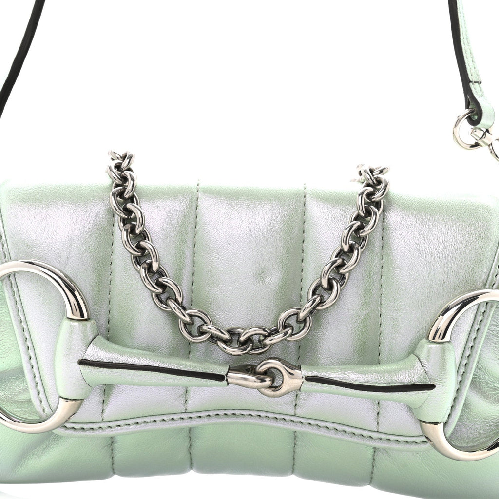 Gucci Iridescent Nappa Vertical Matelasse Small Maxi Horsebit Chain Shoulder Bag Iridescent Salvy Green