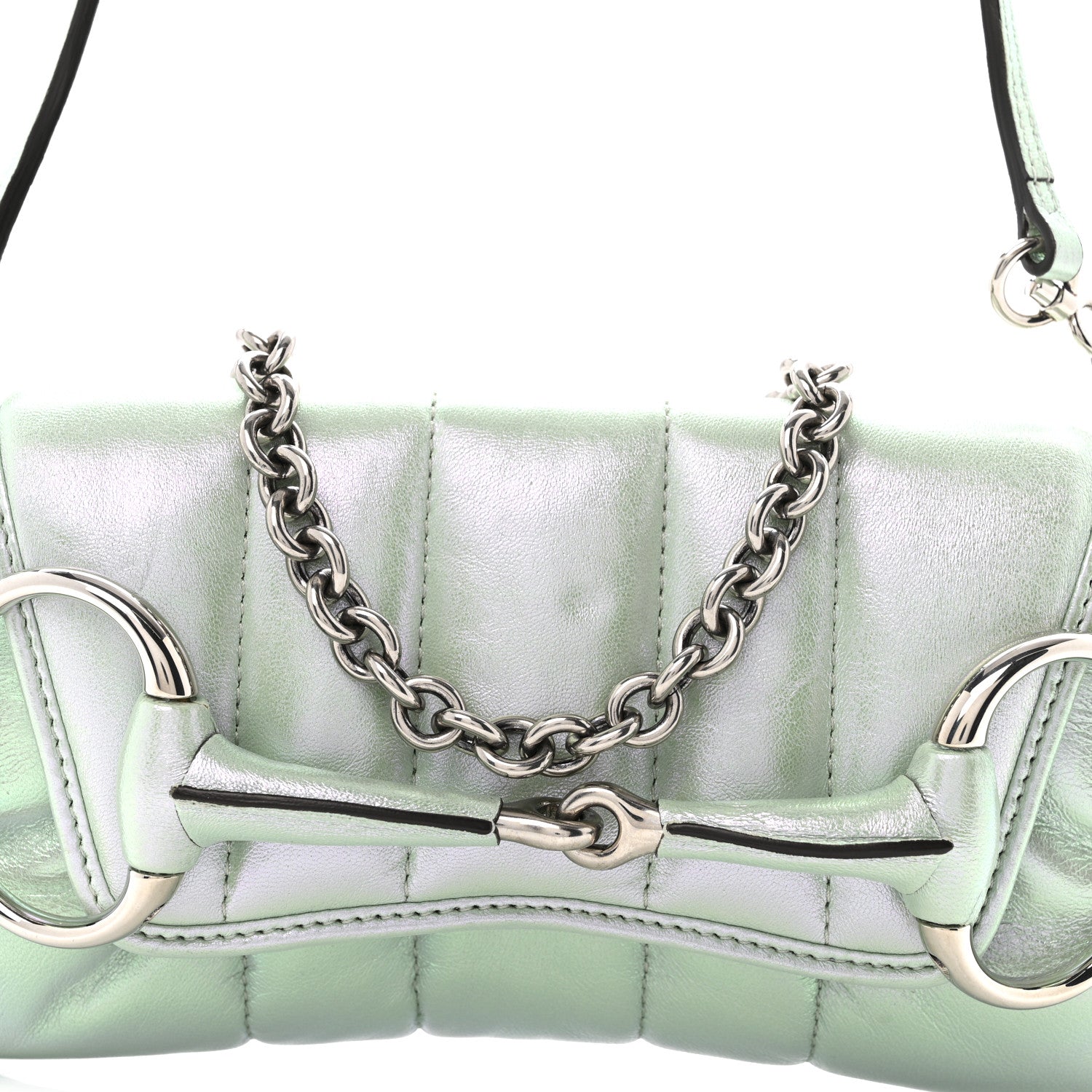 Gucci Iridescent Nappa Vertical Matelasse Small Maxi Horsebit Chain Shoulder Bag Iridescent Salvy Green