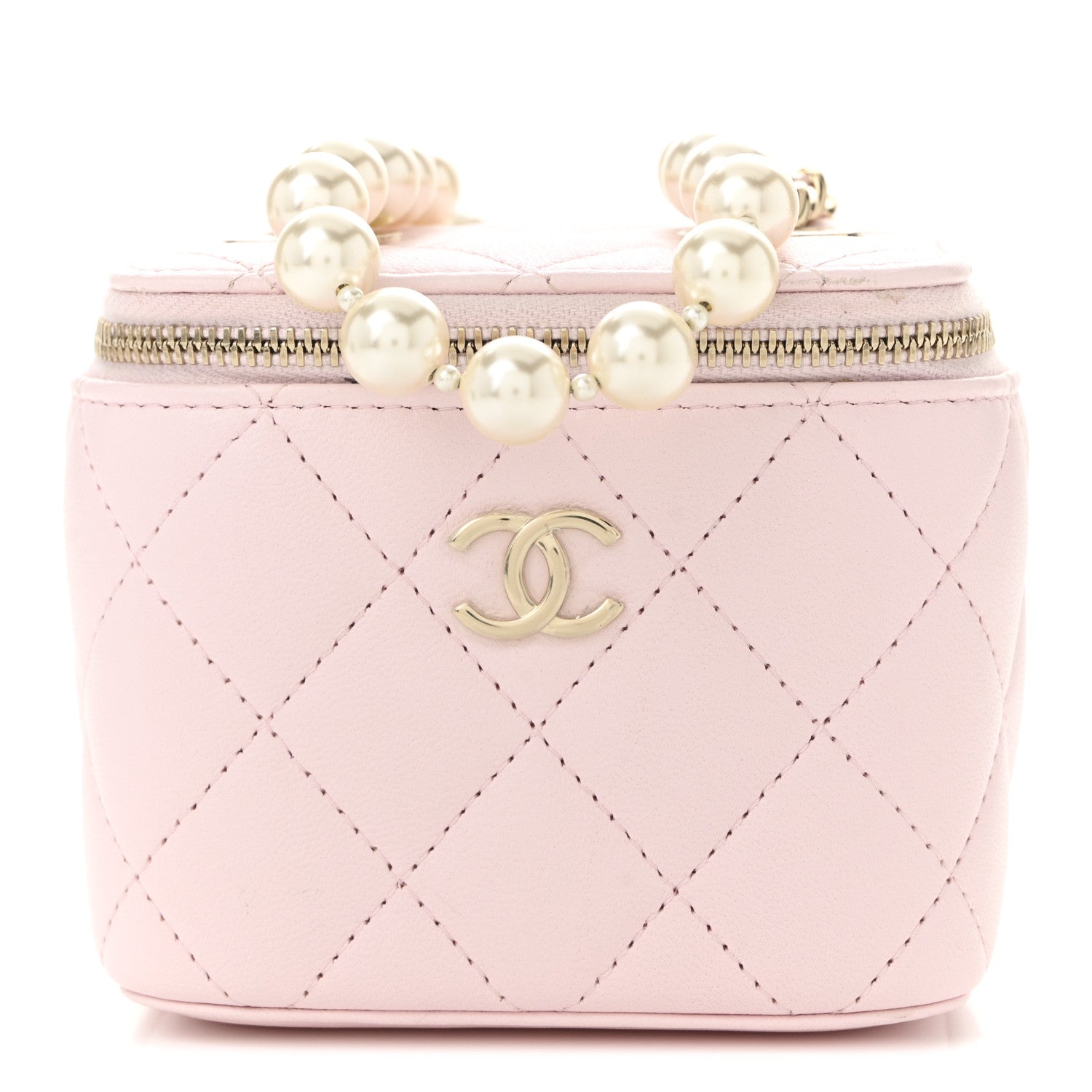 Chanel Lambskin Quilted Mini Vanity Case With Pearl Chain Light Pink