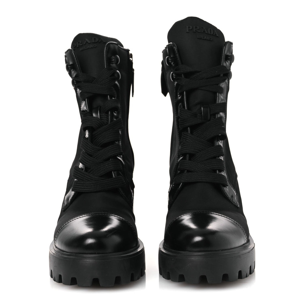 Prada Spazzolato Re-Nylon Metal Triangle Logo Lace Up 55mm Ankle Boots 38.5 Black