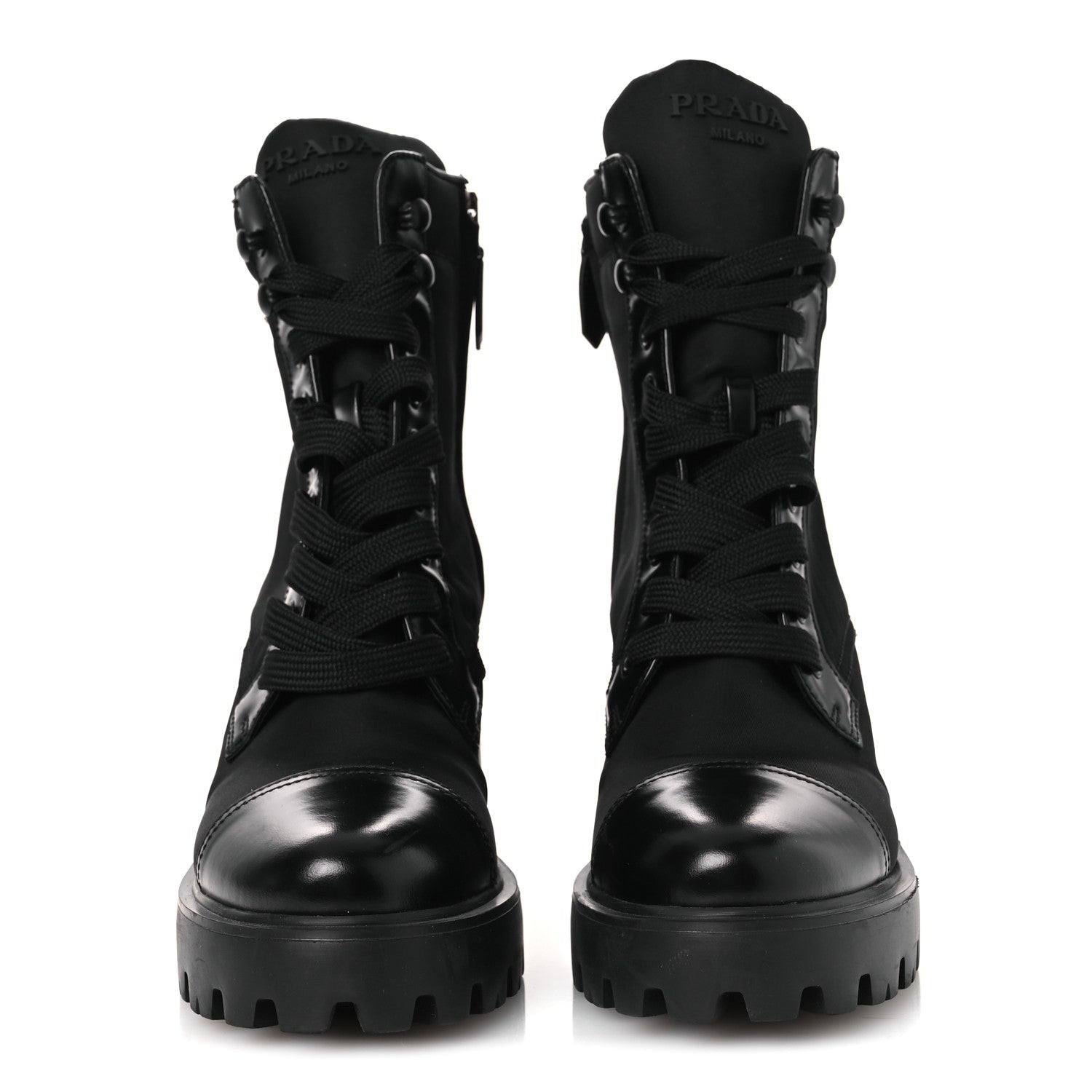 Prada Spazzolato Re-Nylon Metal Triangle Logo Lace Up 55mm Ankle Boots 38.5 Black