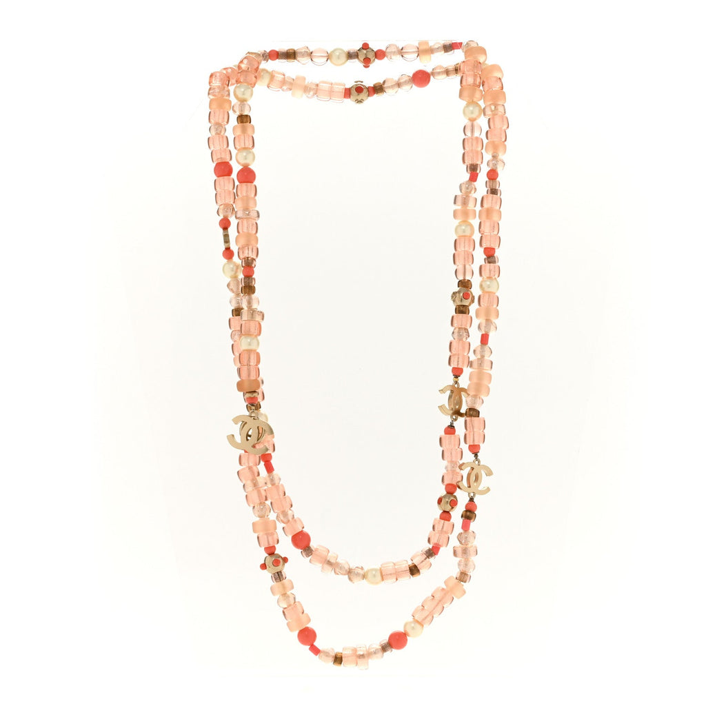 Pearl Beaded CC Long Necklace Pink