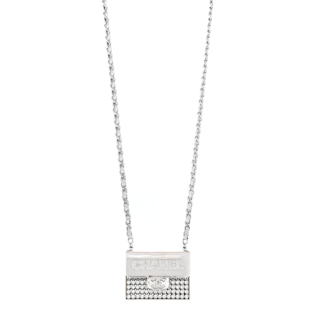 Metal Lambskin Strass Crystal Purse CC Long Necklace Silver