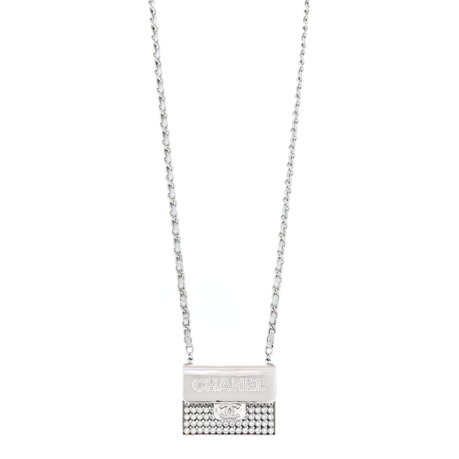 Metal Lambskin Strass Crystal Purse CC Long Necklace Silver